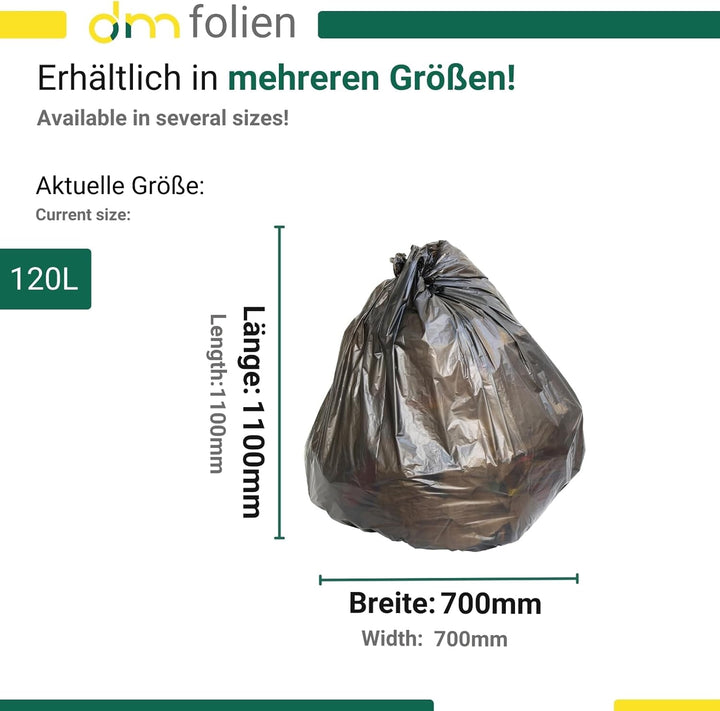 dm-folien Transparente Müllsäcke 120 Liter I 500 Stück I 700 x 1100 mm I Grosse Abfallbeutel für lei