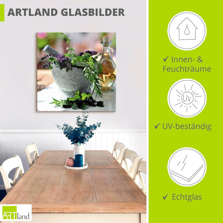 ARTland Glasbilder Wandbild Glas Bild einteilig 40x40 cm Quadratisch Stillleben Kräuter Gewürze Mörs