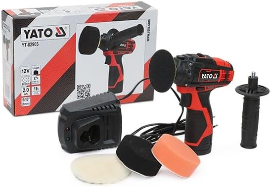 YATO Profi 12V Mini Akku Polier-Maschine mit Zusatzgriff, ø80mm Polierteller, mit 2.0 Ah Akku und La