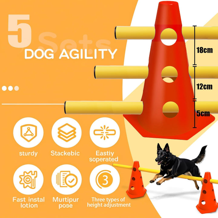 5er Sports Steckhürdenset Cavaletti Agility Set Hunde Hürden Steckhürdenset 10 Kegel 23cm + 5 Stange