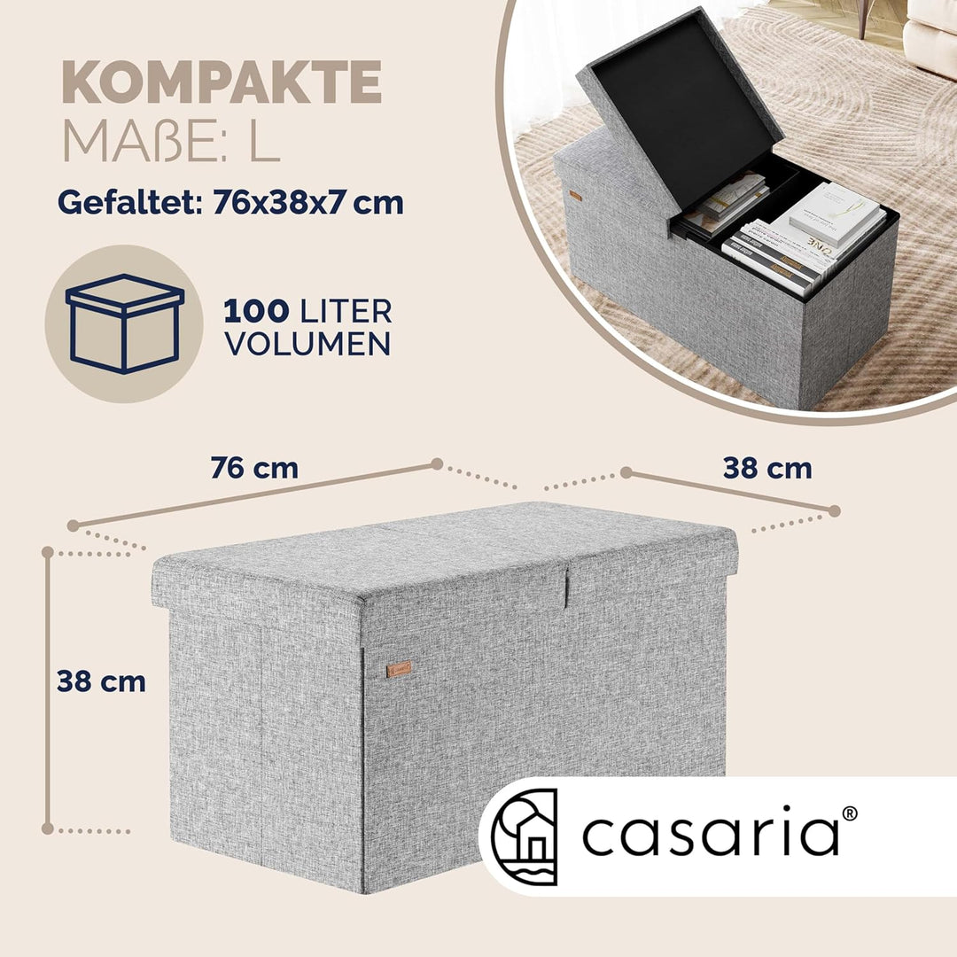 Casaria® Sitzbank mit Stauraum 80x40x40cm Hellgrau Deckel Klappbar Gepolstert Faltbar Stoff 100L Sta
