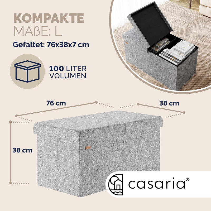 Casaria® Sitzbank mit Stauraum 80x40x40cm Hellgrau Deckel Klappbar Gepolstert Faltbar Stoff 100L Sta