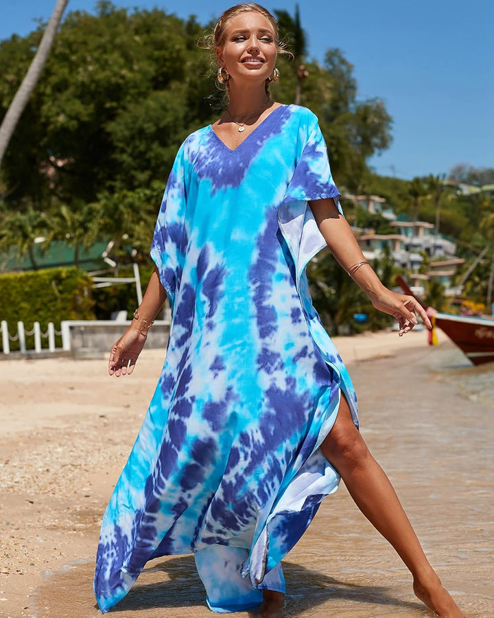 Bsubseach Lose Kaftan Kleider für Frauen Kurzarm Badeanzug Cover Up Casual Urlaub Outfits Blau Tie D