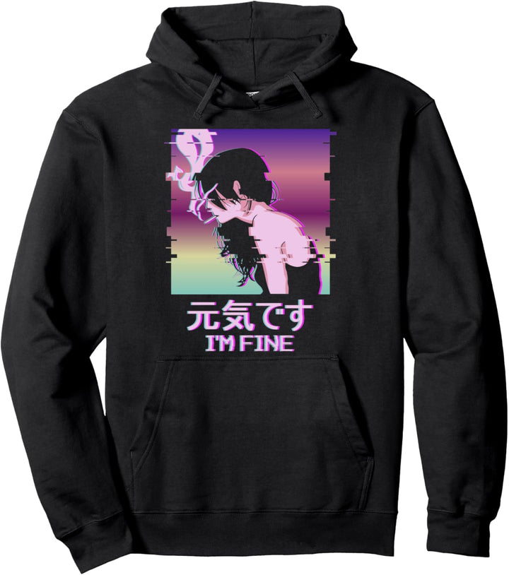 I'm Fine Japanese Vaporwave Alt Indie Aesthetic Anime Girl Pullover Hoodie