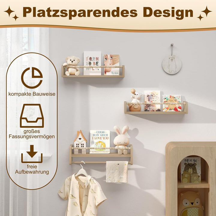 WOLTU 3er Set Kinder Bücherregal Wand, 50cm Wandregal Kinderzimmer, aus Massivholz, Hängeregal Schwe