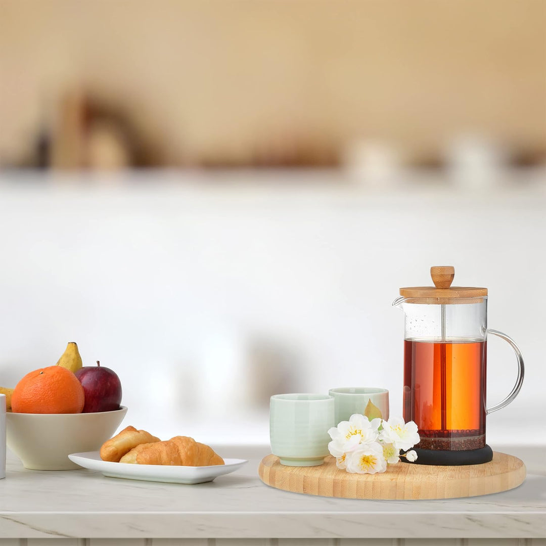 Relaxdays Kaffeebereiter manuelle Stempelkanne, 800 ml, Glas | transparent/natur, Bambusdeckel, Sieb