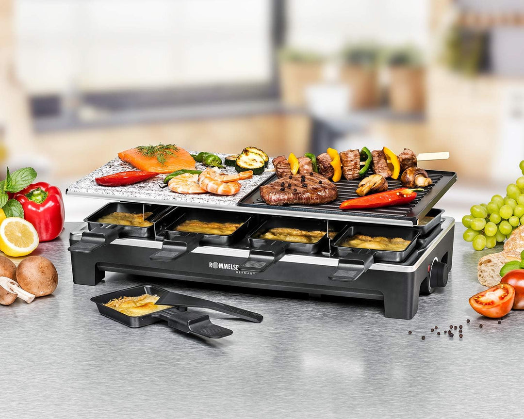ROMMELSBACHER Raclette Grill RCS 1350 – 2 Wendegrillplatten, 1 Steingrillplatte, 8 Pfännchen, 8 Scha