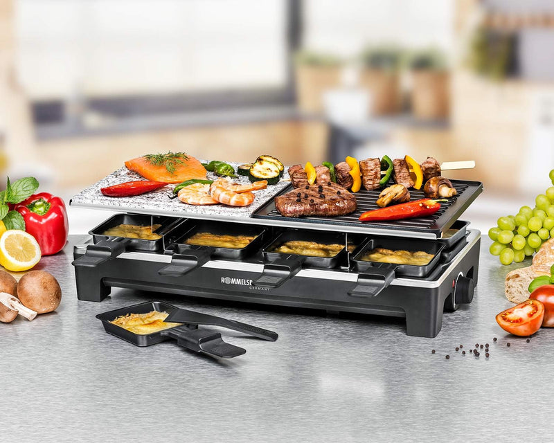 ROMMELSBACHER Raclette Grill RCS 1350 – 2 Wendegrillplatten, 1 Steingrillplatte, 8 Pfännchen, 8 Scha