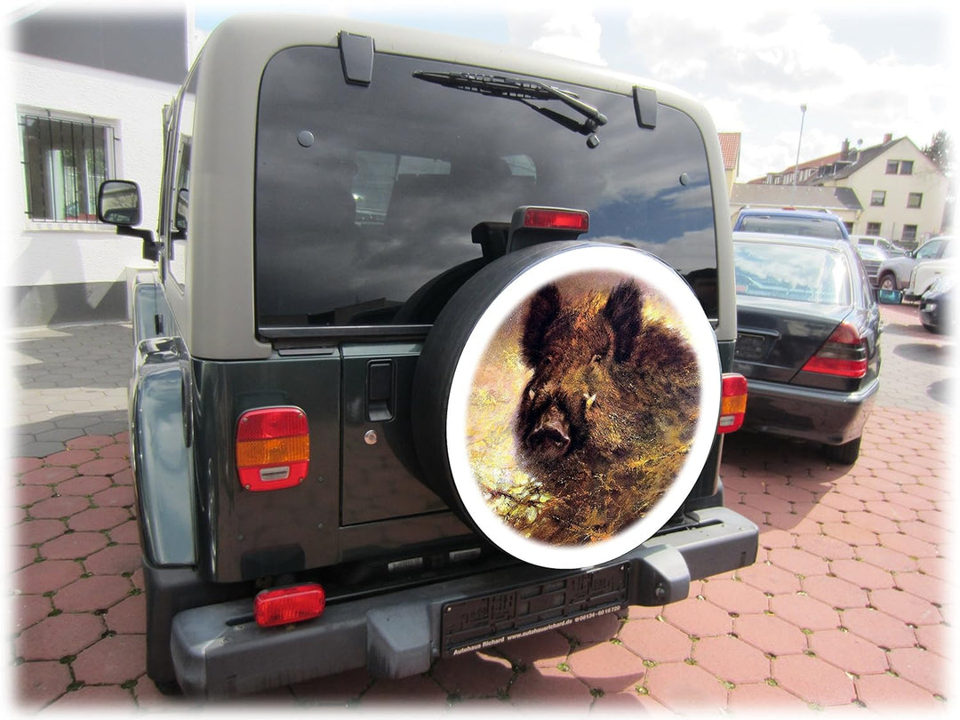 AB3-00183 2 Wildschwein Keiler Reserveradabdeckung 79x30 cm aus Planenmaterial und Kunstleder Reserv