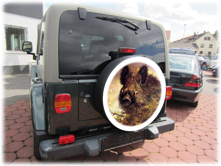 AB3-00183 2 Wildschwein Keiler Reserveradabdeckung 79x30 cm aus Planenmaterial und Kunstleder Reserv