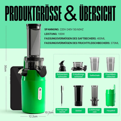 Ventray Ginnie Entsafter - Slow Juicer mit 60 U/min Niedriger Geschwindigkeit, Entsafter Gemüse und
