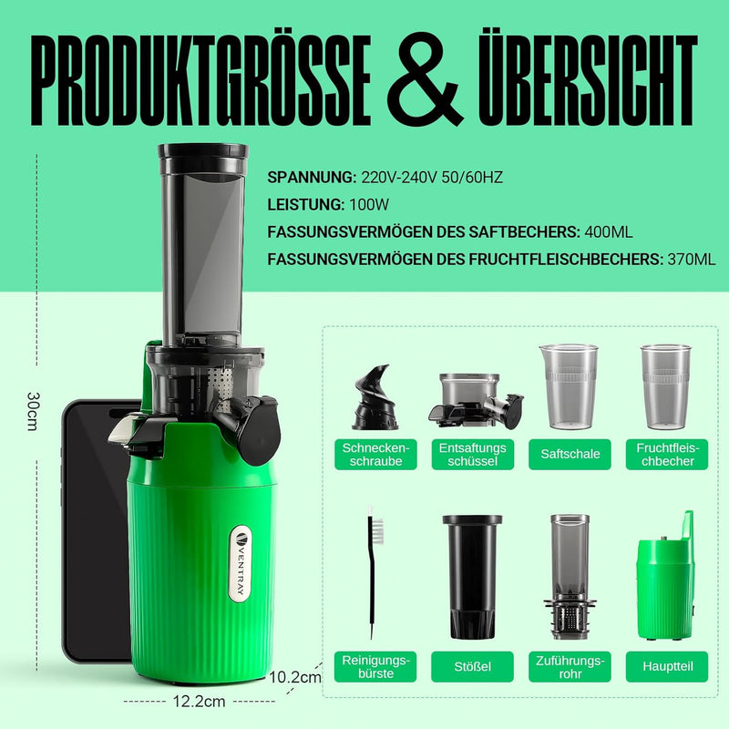Ventray Ginnie Entsafter - Slow Juicer mit 60 U/min Niedriger Geschwindigkeit, Entsafter Gemüse und