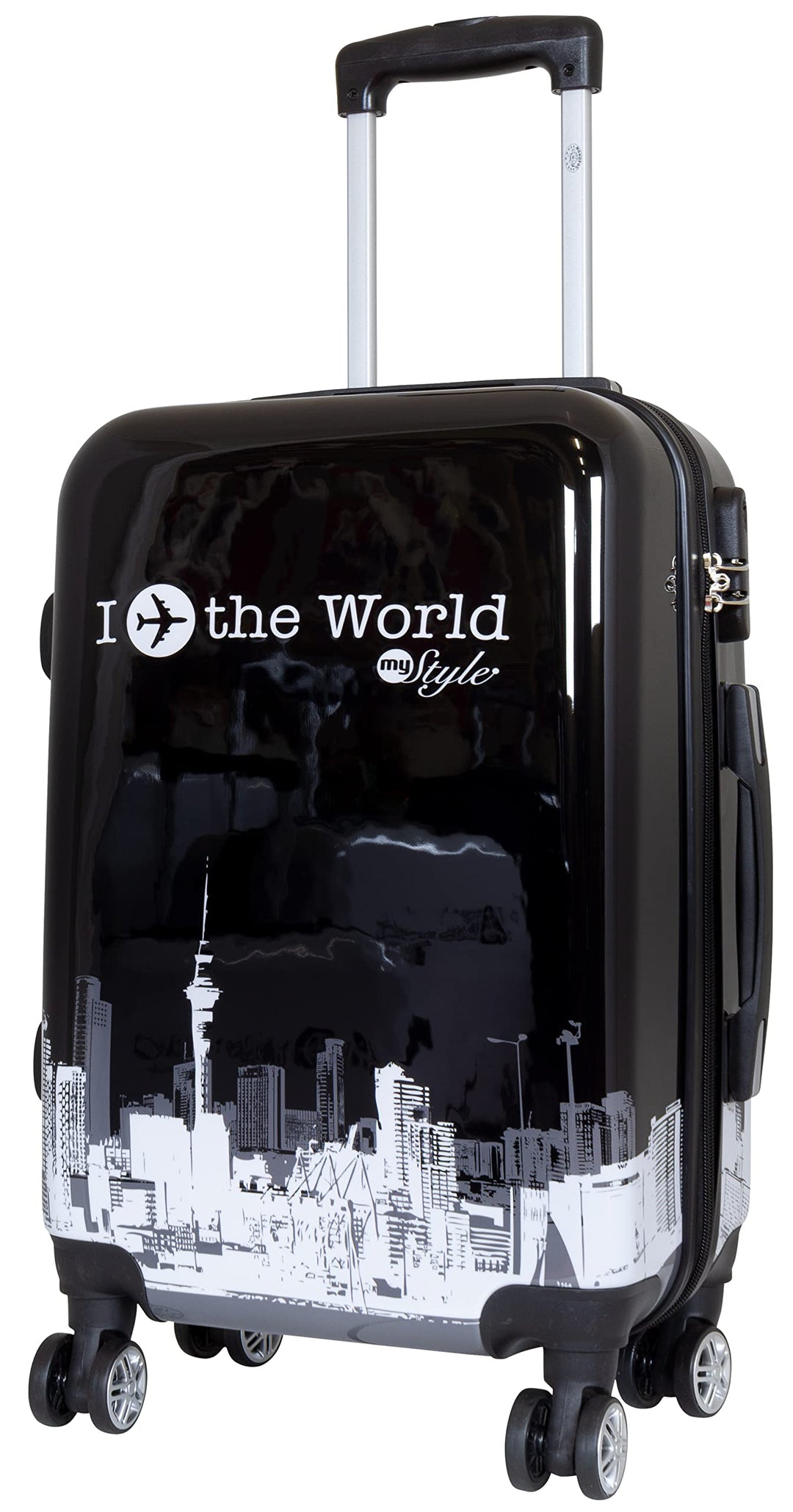 Trendyshop365 Hartschale Handgepäck Rollkoffer mit Flugzeug Städte Motiv - Fly The World schwarz - 5