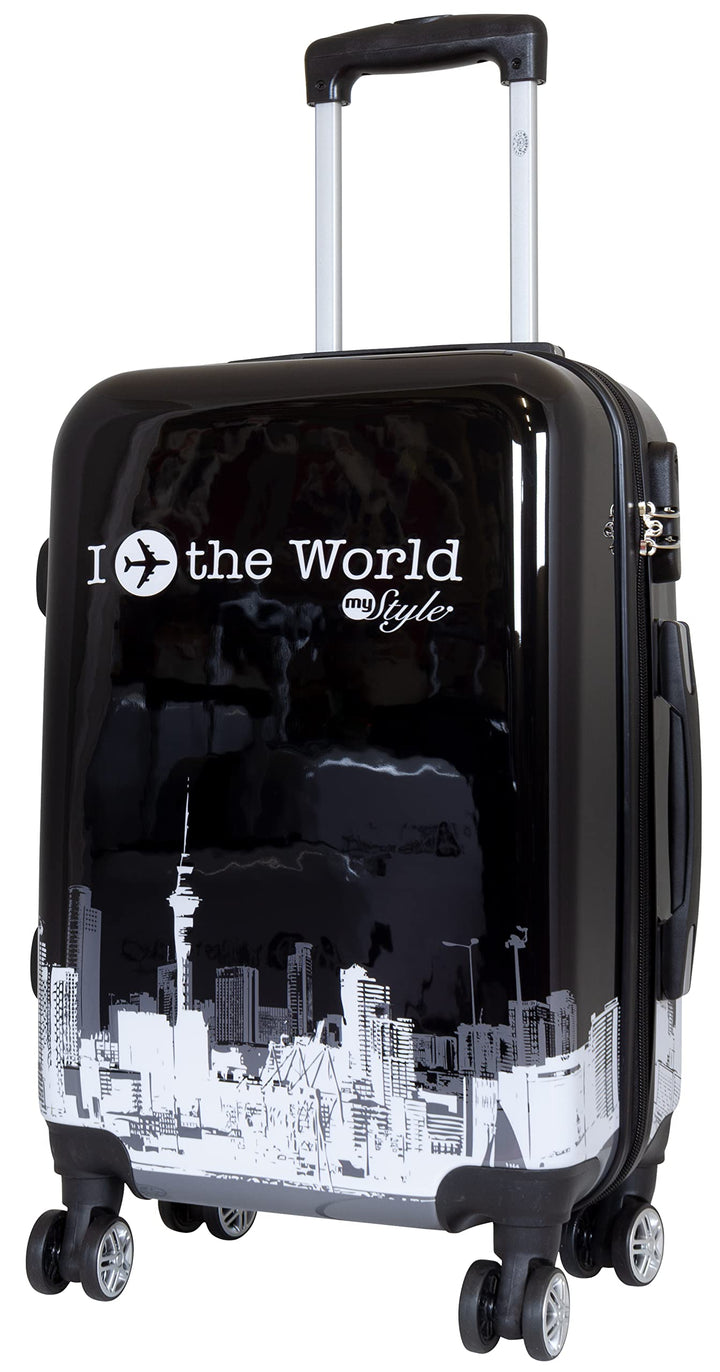 Trendyshop365 Hartschale Handgepäck Rollkoffer mit Flugzeug Städte Motiv - Fly The World schwarz - 5