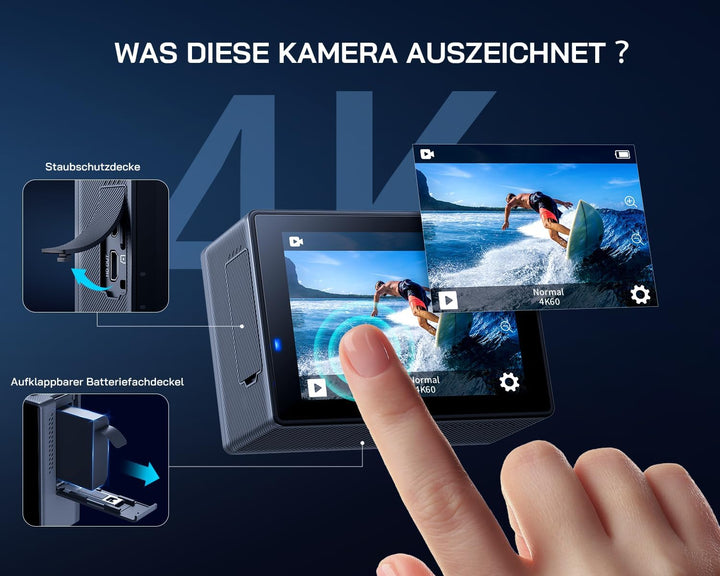 WOLFANG Action Cam,WiFi 4K 60 FPS Neue GA300 Actionkamera,8xZoom 24MP,Unterwasserkamera 40 Meter mi,