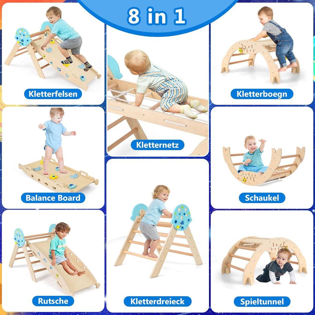 COSTWAY Klettergerüst Indoor 4er Set, klappabres Kletterdreieck mit Rutsche, Kletterbogen, Netz, ink