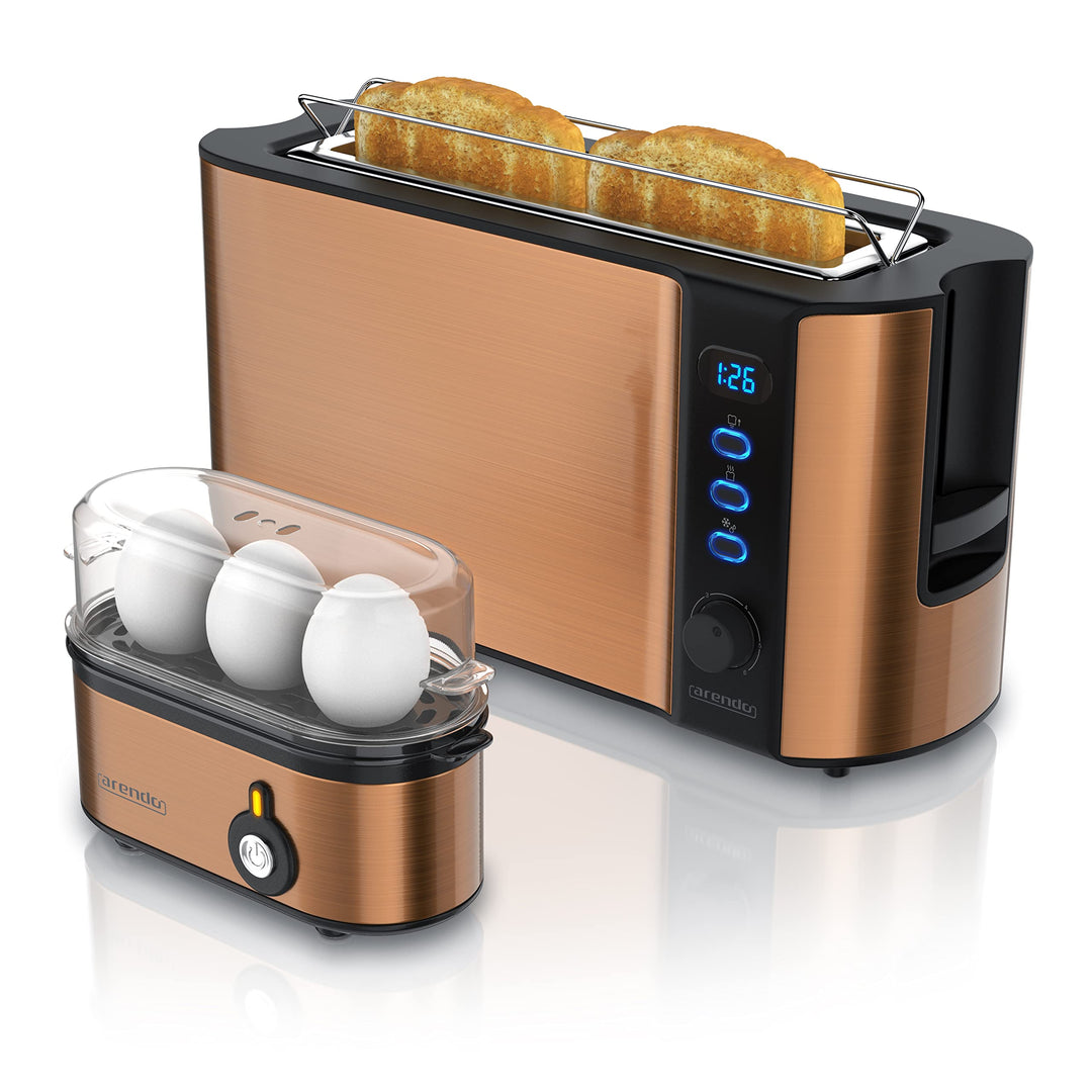 Arendo - SET Toaster FRUKOST und Eierkocher THREECOOK Edelstahl Kupfer – Toaster 2 Scheiben, LED-Dis