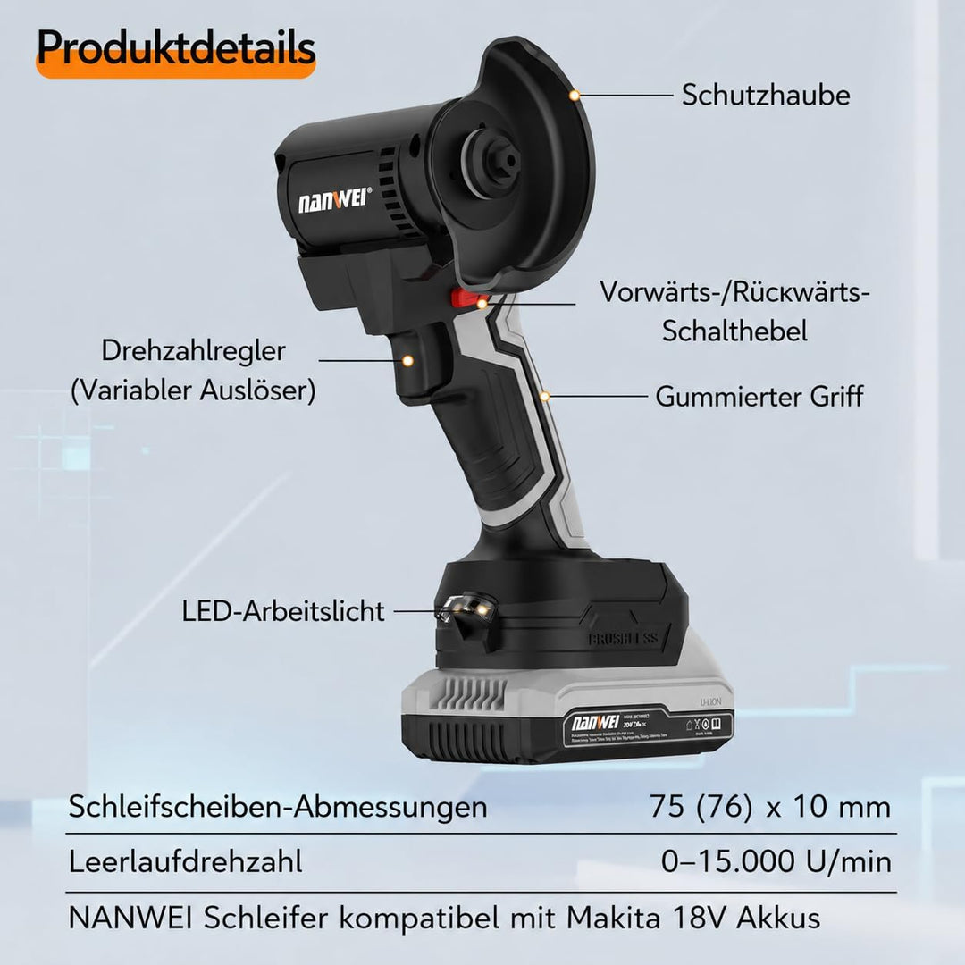 NANWEI 3-Zoll-Akku-Winkelschleifer für Makita 18-V-Akku, 76 mm kompakter und leichter Schleifer, 0–1