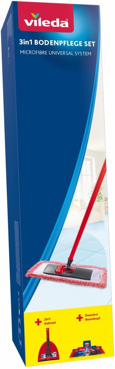 Vileda 3in1 Bodenpflege-Set mit Teleskopstiel Bodenwischer, Besen, Kehrgarnitur