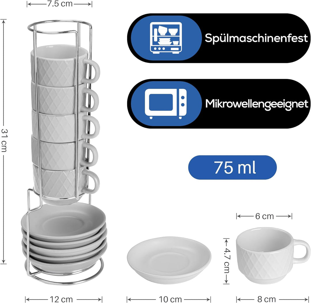 MIAMIO – 6 x 75 ml Espresso Tassen/Espressotassen Set mit Ständer Steingut Keramik - Palmanova Kolle