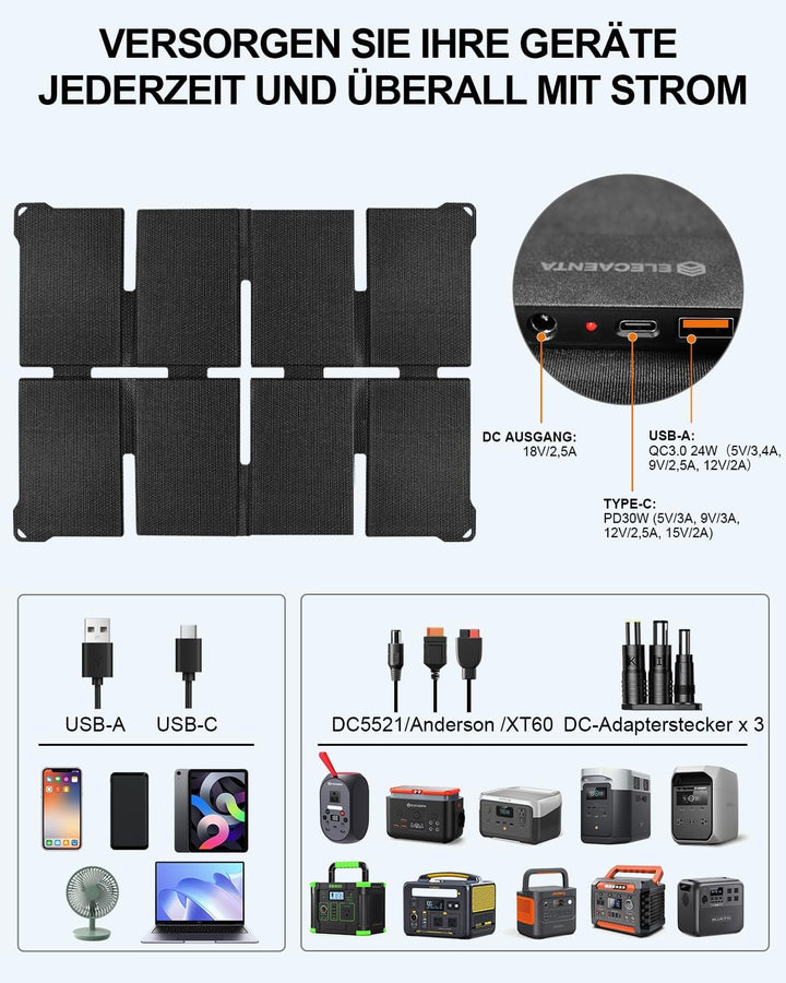 ELECAENTA 45W ETFE HPBC Solar Ladegerät 3-Port DC USB-C PD30W QC3.0 IP68 Wasserdicht Faltbar Solar P