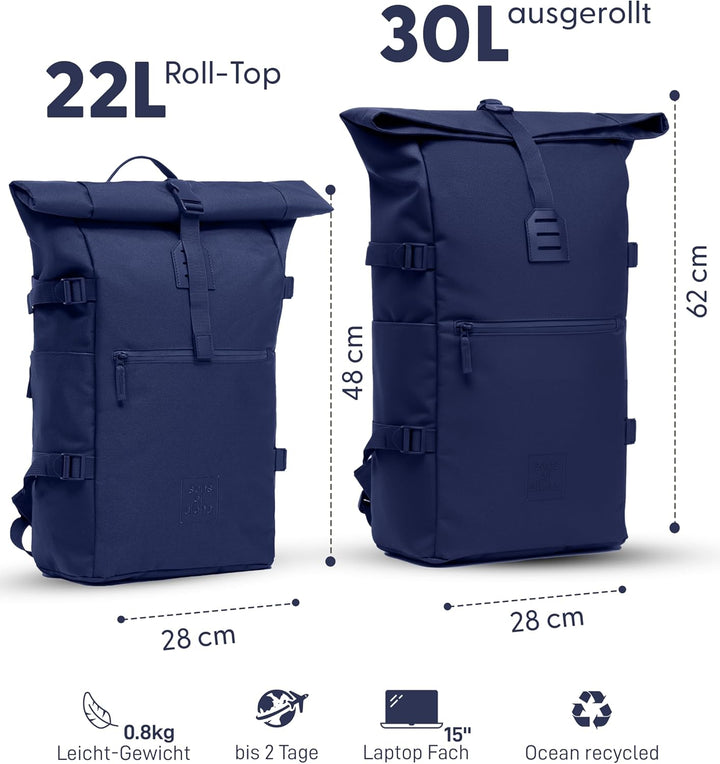 Rucksack Kane Roll-Top Kurierrucksack XL gross - PET recycelt, wasserabweisend - Wander-Rucksack Lap