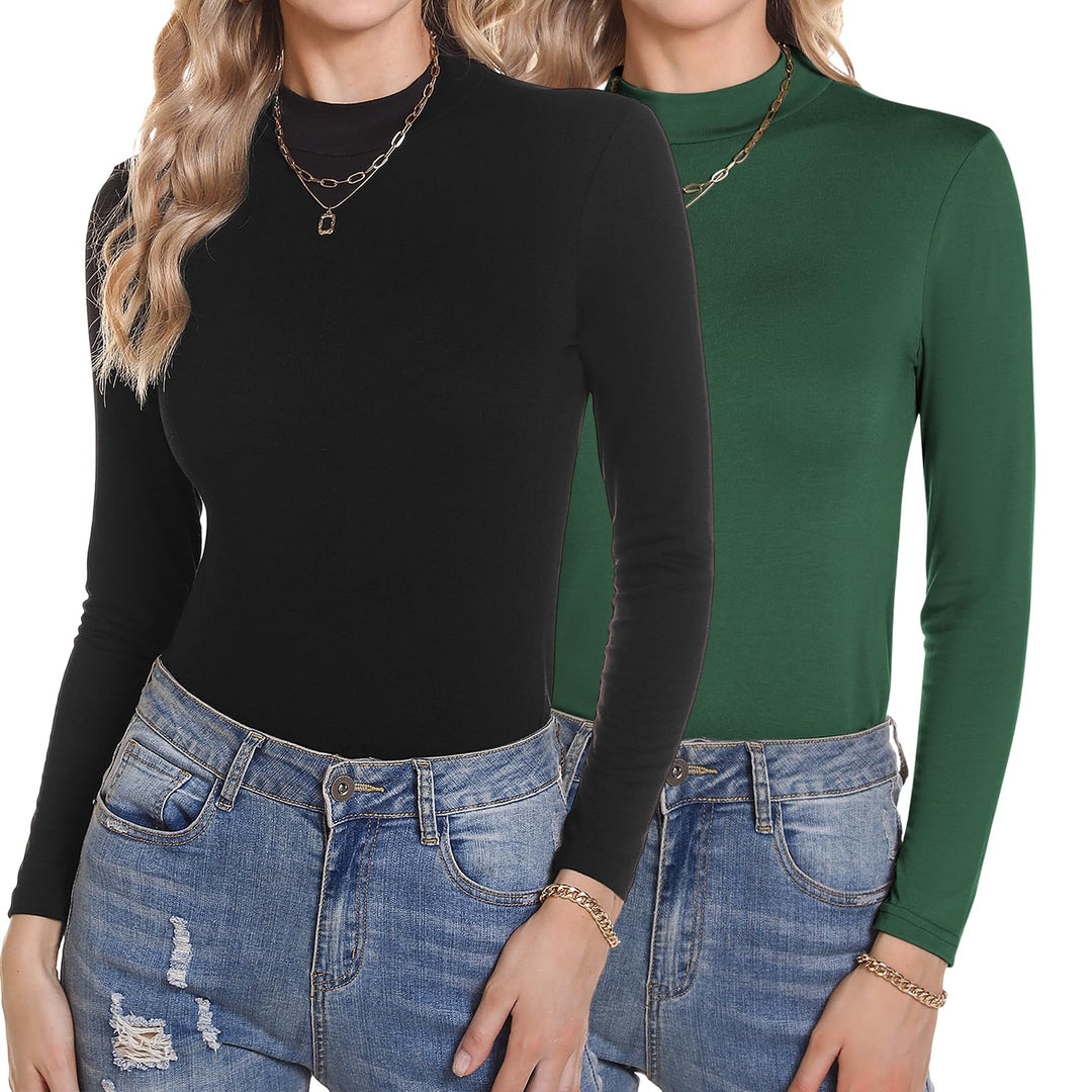 Damen 2 Pack Langarmshirt Set Stehkragen Rollkragenshirt Baumwolle Elegant Basic Oberteile Langarm U