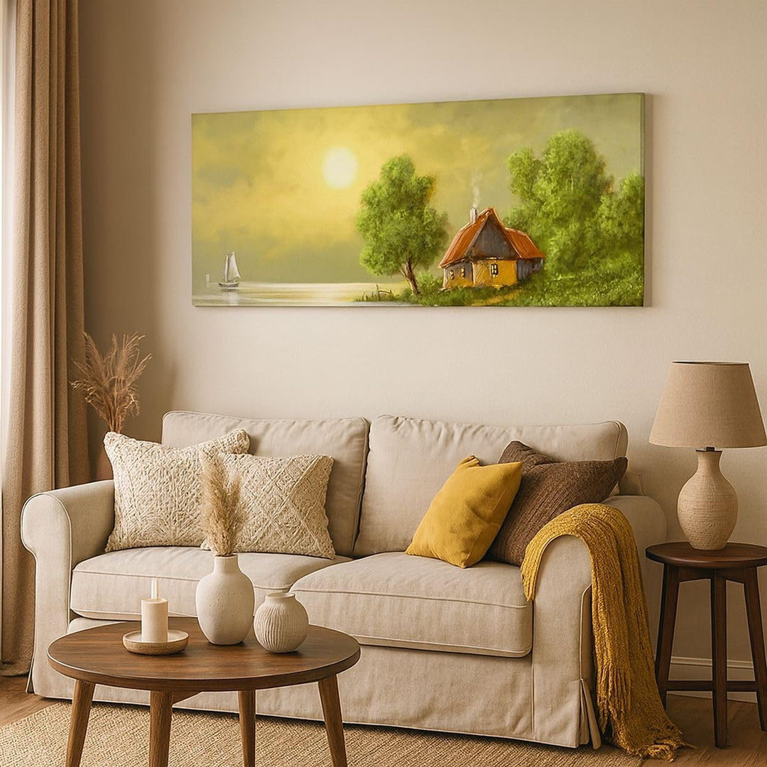 Wandbilder Dekoration Wohnzimmer Boot Wasser Hütte Panorama Bilder auf Leinwand 120x50cm Leinwandbil