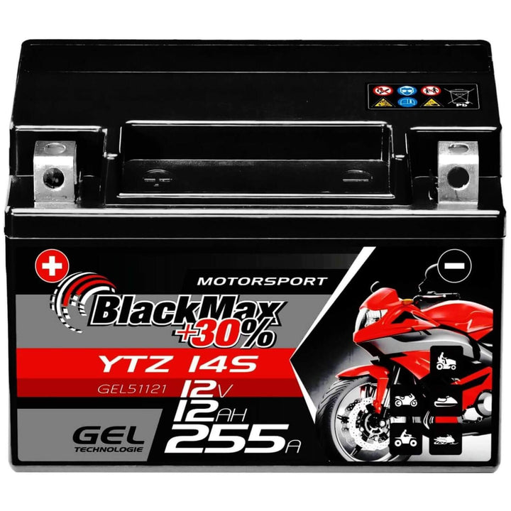 BlackMax YTZ14S Motorradbatterie GEL 12V 12Ah YTZ14-4 Batterie GTZ14-4 YTZ14-S 12Ah - 255A - YTZ14S,