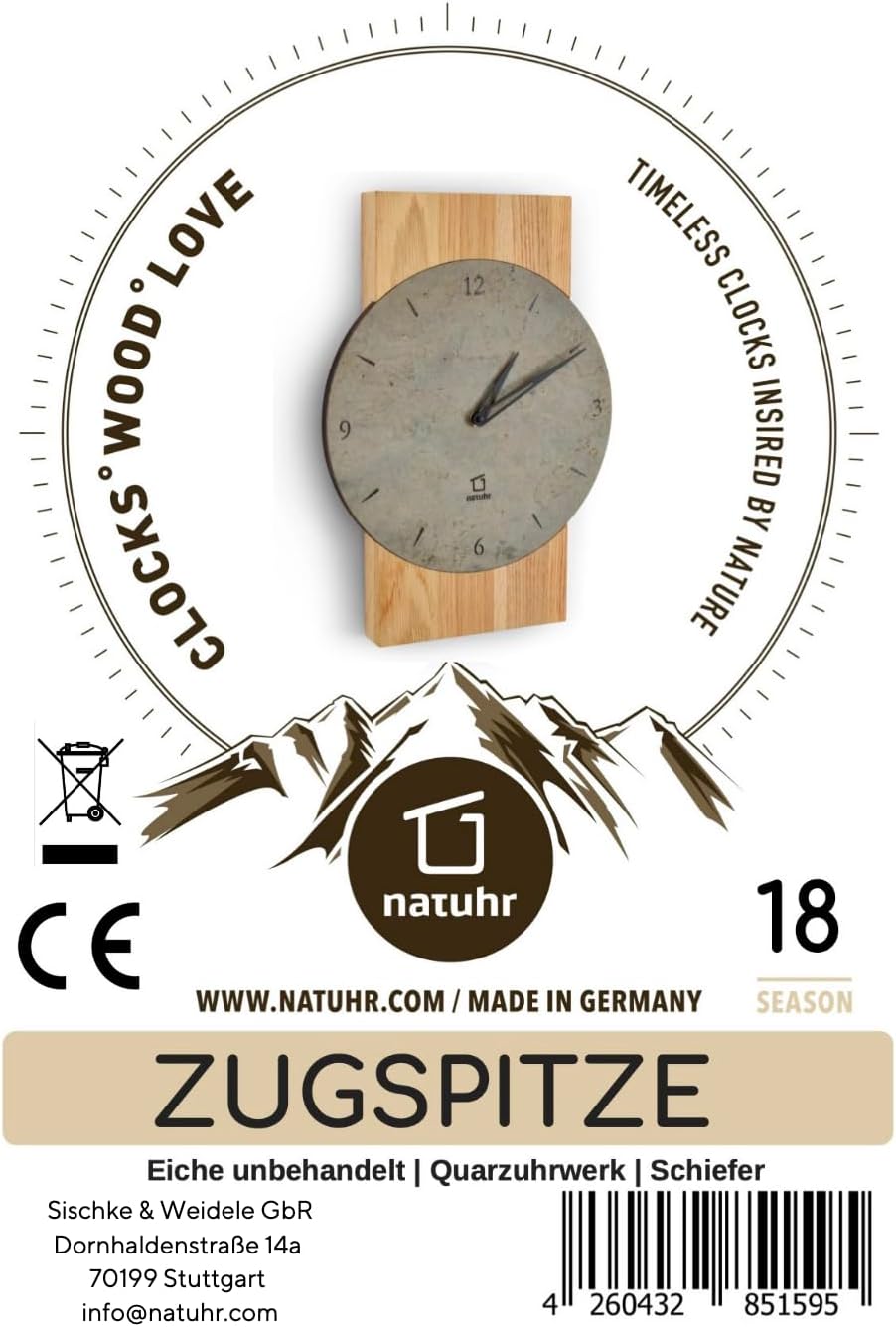 Natuhr Schiefer Wanduhr - Zugspitze - Holz Eiche Schiefer Stein Made in Germany (Heller Schiefer - E