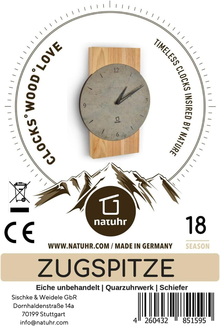 Natuhr Schiefer Wanduhr - Zugspitze - Holz Eiche Schiefer Stein Made in Germany (Heller Schiefer - E