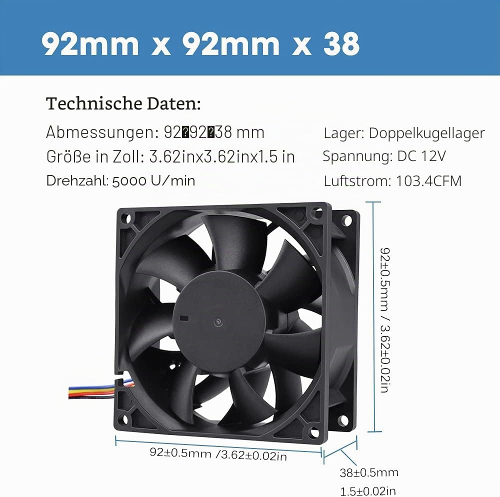 GDSTIME 12V Lüfter 92mm Lüfter 92 x 38mm 4 Pin PWM CPU Lüfter 9CM Gehäuselüfter 5000 U/min Kühlung L