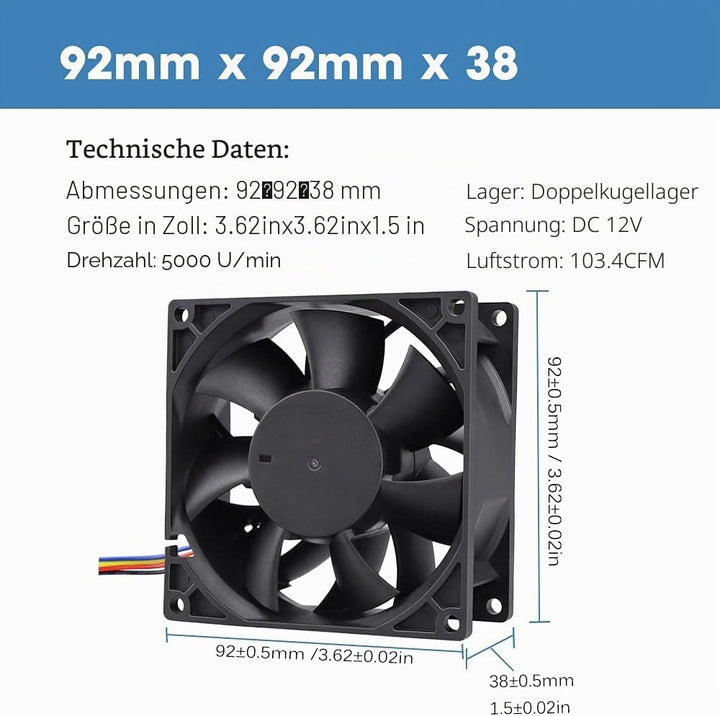GDSTIME 12V Lüfter 92mm Lüfter 92 x 38mm 4 Pin PWM CPU Lüfter 9CM Gehäuselüfter 5000 U/min Kühlung L