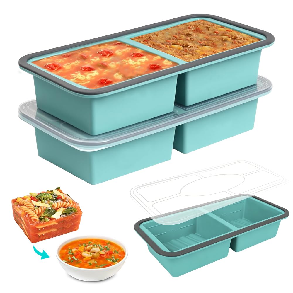 2 Stück Silikon Gefriertablett mit Deckel, 500ml Suppen Einfrieren Behälter mit 2 Fächern, Suppe Gef