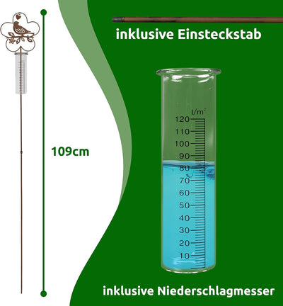 ARTECSIS Regenmesser für Garten mit Erdspiess 109cm hoch I Motiv Vogel aus Metall mit Edelrost