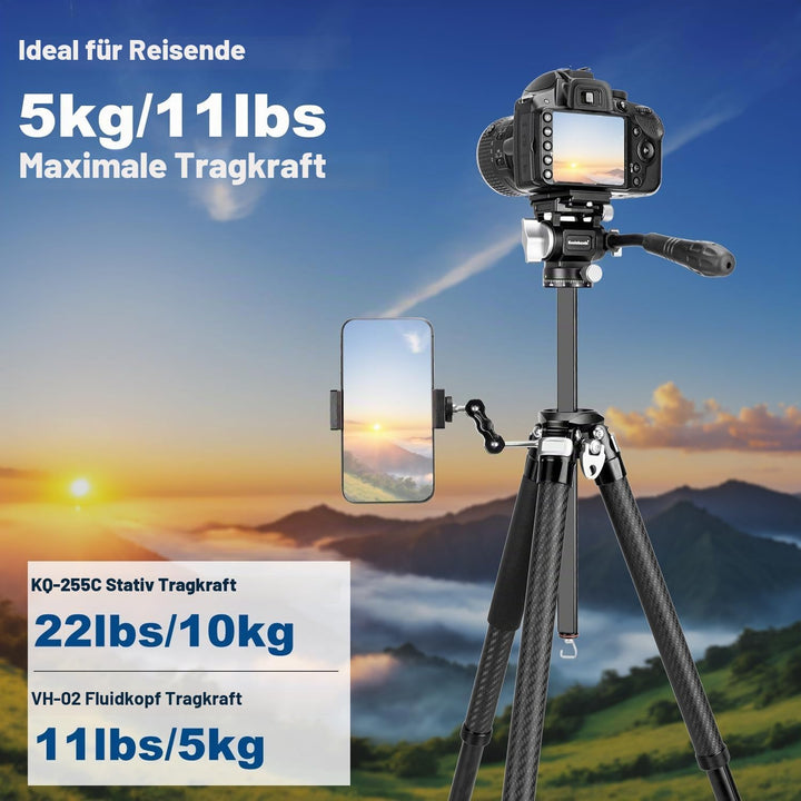 Koolehaoda Kamera Stativ Reisestativ 160 cm Carbon Stativ mit 360° Panorama Fluidkopf & Kurze Mittel