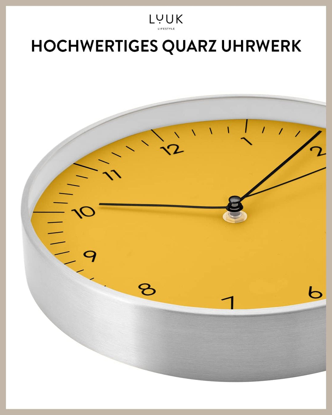 LUUK LIFESTYLE Moderne Quarz Wanduhr, Geräuschlos, 24,8cm, Gelb &amp; Silber | lesbare arabische Ziffern