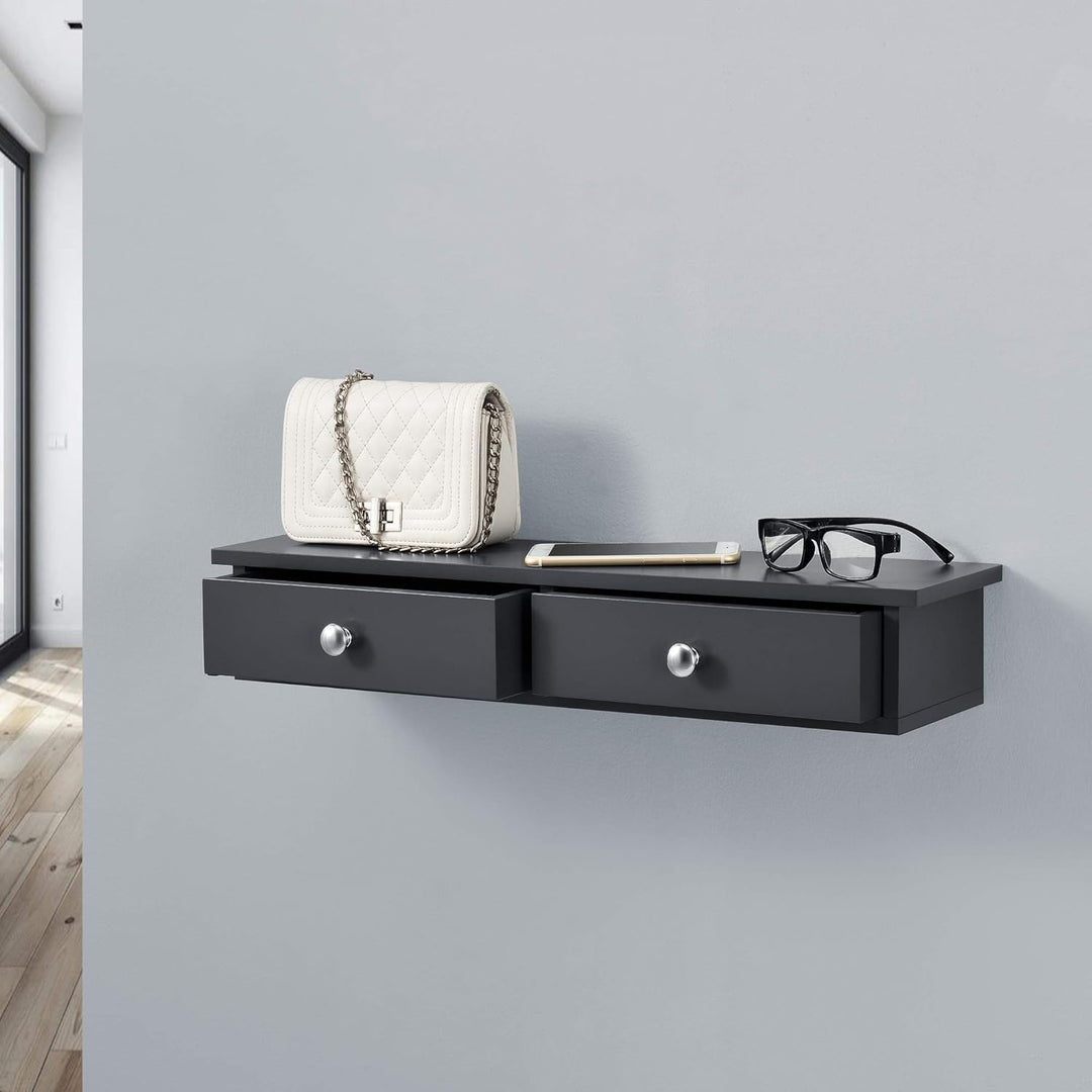 [en.casa] Wandregal mit 2 Schubladen Regal 10x60x15cm Ablage bis 15 kg Hängeregal MDF Dunkelgrau, Du