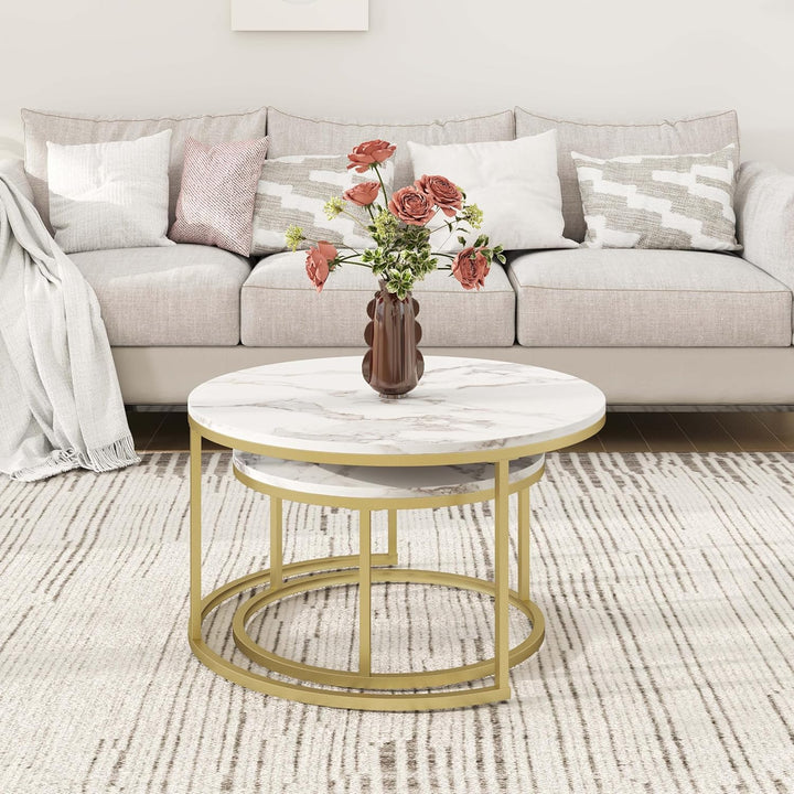 Marmor Couchtisch Gold, Couchtisch 2er Set mit 1 Grosser Couchtisch Rund und 1 Kleiner Tisch, Beiste