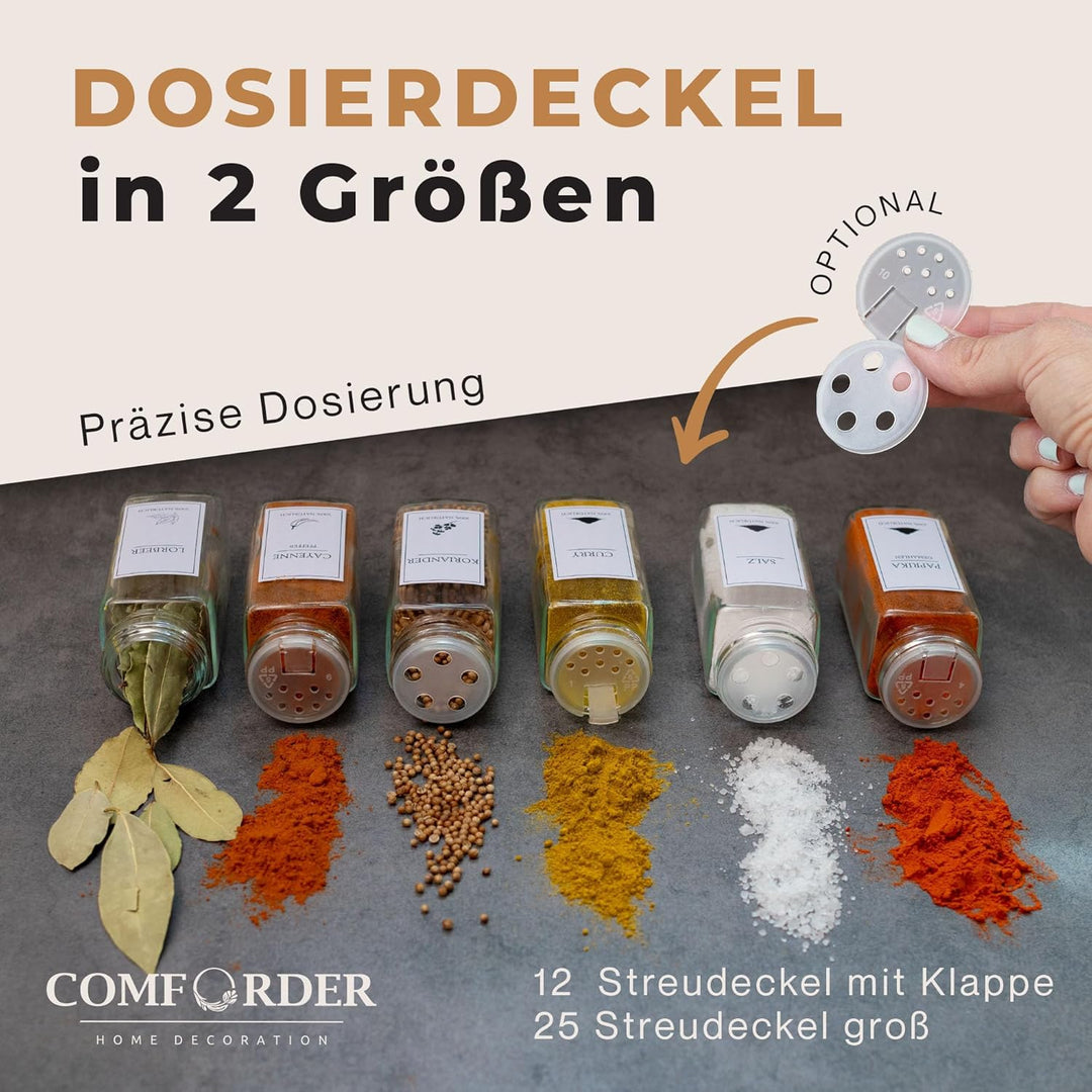 comforder Gewürzgläser Set (25 Stück), Gewürz Organizer mit Gewürzstreuer mit Etiketten + Trichter,