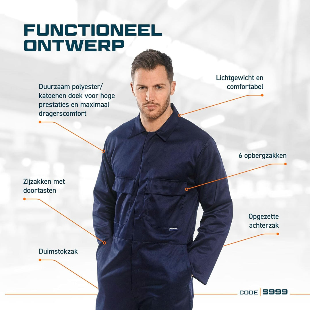 Portwest S999 Herren Euro-Arbeitskleidung Polycotton Overall Arbeitsanzug Blau (Navy) S, Blau (Navy)