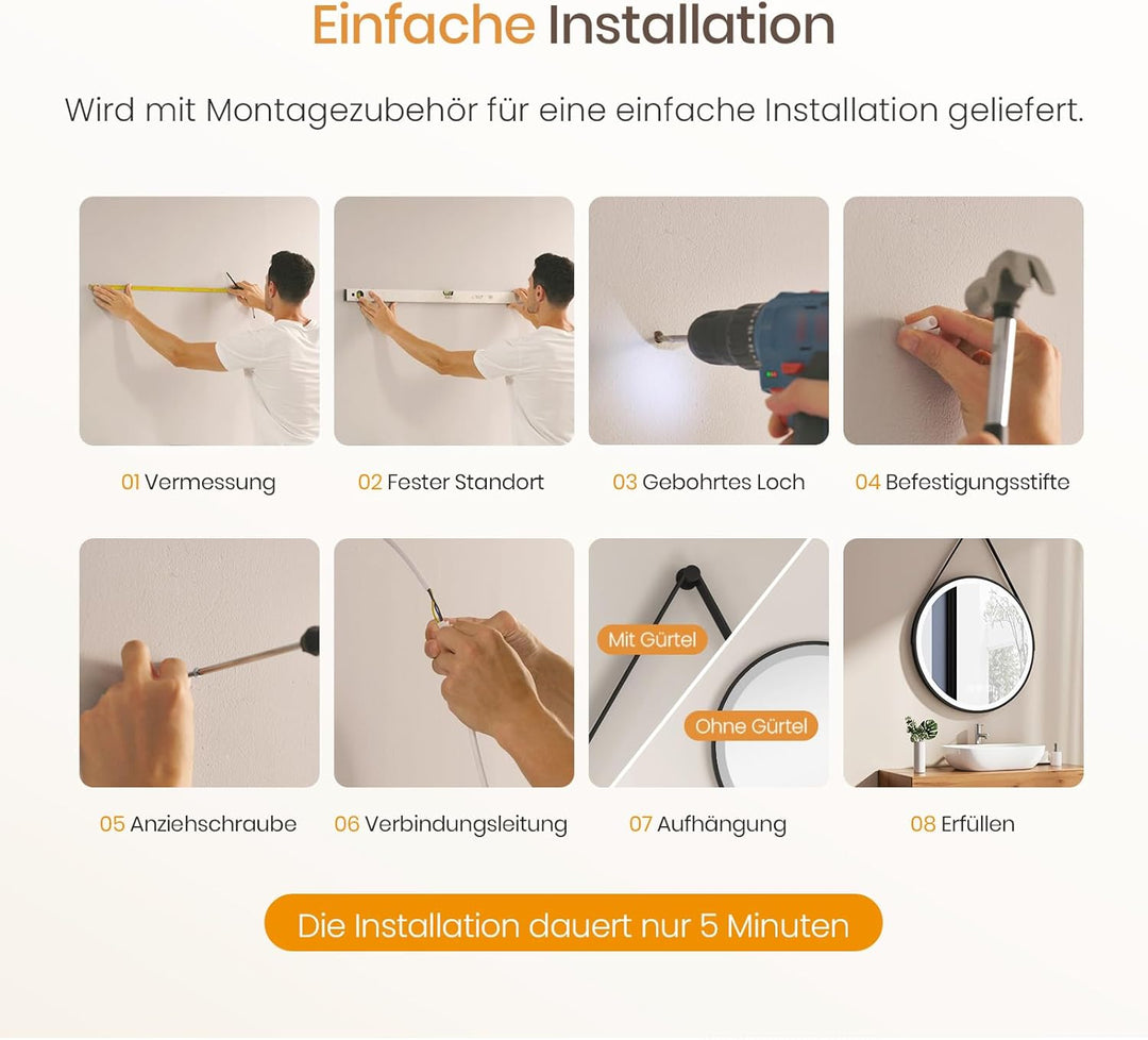 EMKE Badspiegel mit Beleuchtung 60cm wandspiegel rund mit 3 Lichtfarbe dimmbar, Antibeschlag, Speich