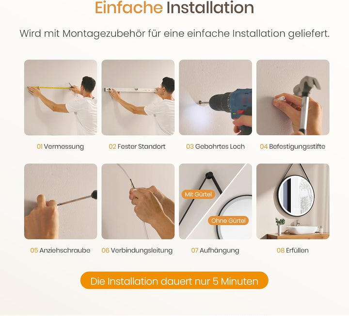 EMKE Badspiegel mit Beleuchtung 60cm wandspiegel rund mit 3 Lichtfarbe dimmbar, Antibeschlag, Speich
