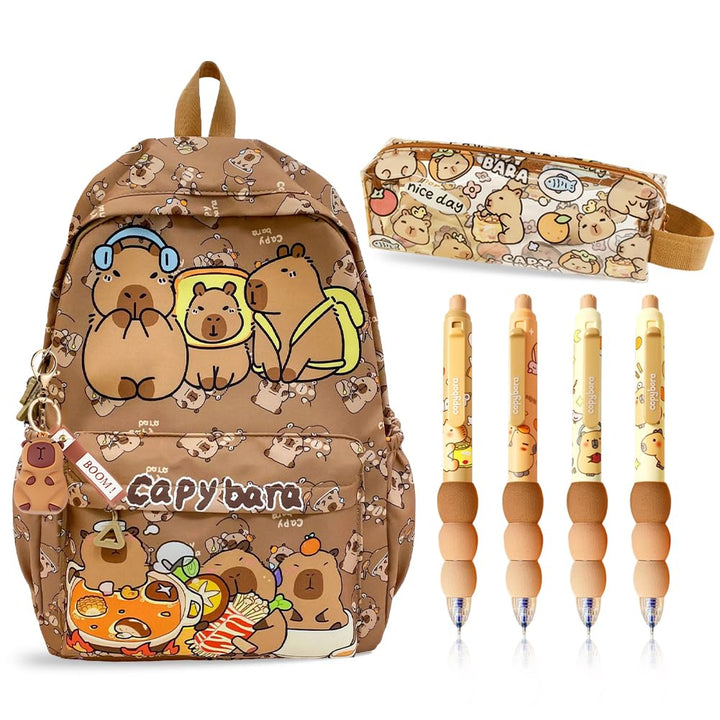 Capybara Rucksack Set, Schulrucksack Grosse Kapazität mit Capybara Federmäppchen, Stiften & Schlüsse
