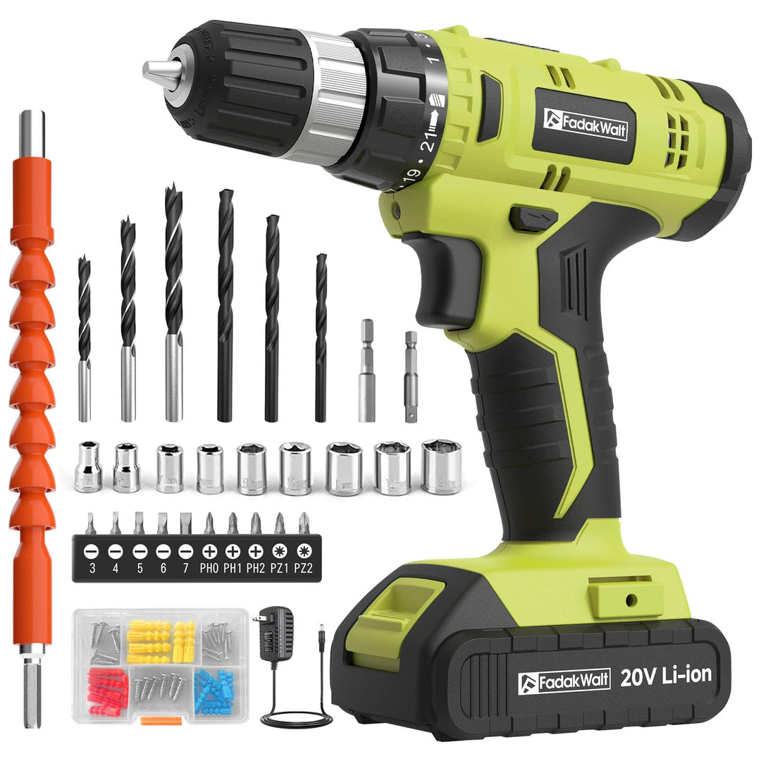 FADAKWALT Akkuschrauber, 20V Akku Bohrmaschine mit 2000 mAh Akku, 21+1 Drehmomentstufen, 60-tlg Akku