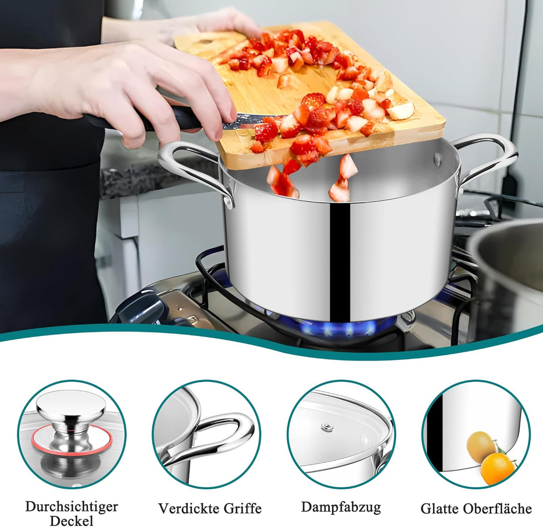 HaWare Kochtopf, 22cm Topf Induktion aus 3-Lagen Edeastahl, 4,8L Kochtöpfe Nudeltopf mit Glasdeckel