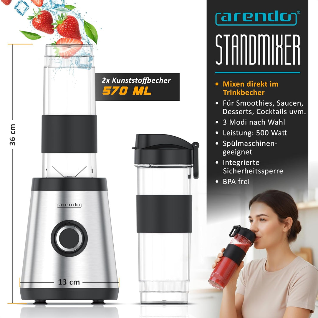 Arendo - Standmixer klein - 500 W – mini Smoothie Maker to Go - Mixer - zwei Becher – 500-570 ml – K