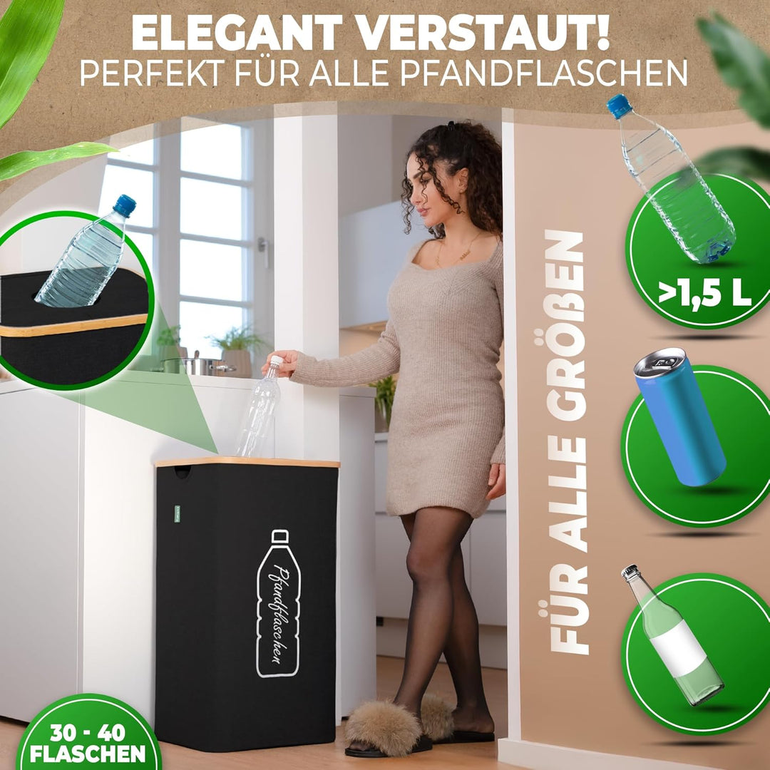 COTTARA® Pfandflaschen Sammelbehälter mit Deckel inkl. XXL Tragetasche | Pfandbehälter mit Loch | Id