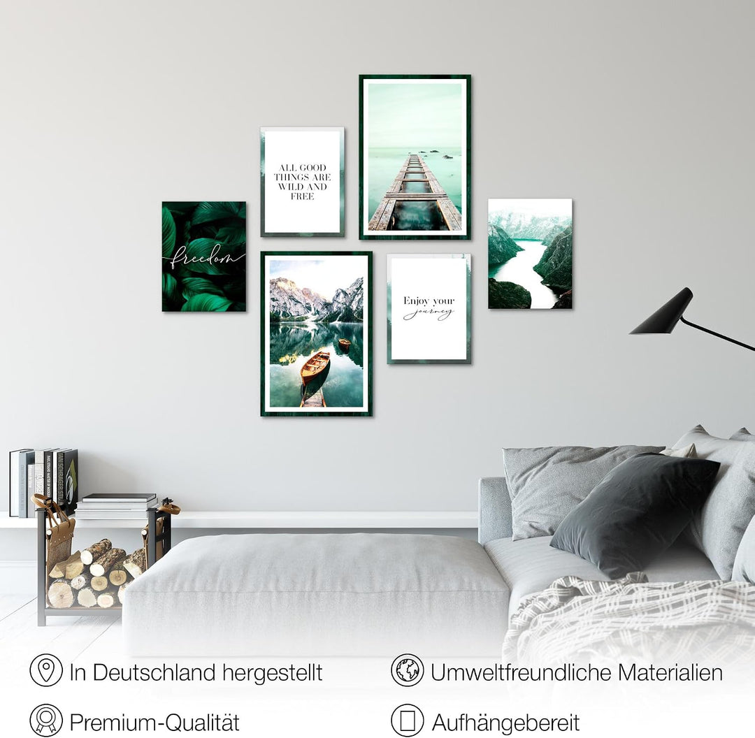 Novart Wandbilder Set Berge und See Natur Türkis - KEIN EXTRA RAHMEN BENÖTIGT - Modern Deko - Wohnzi