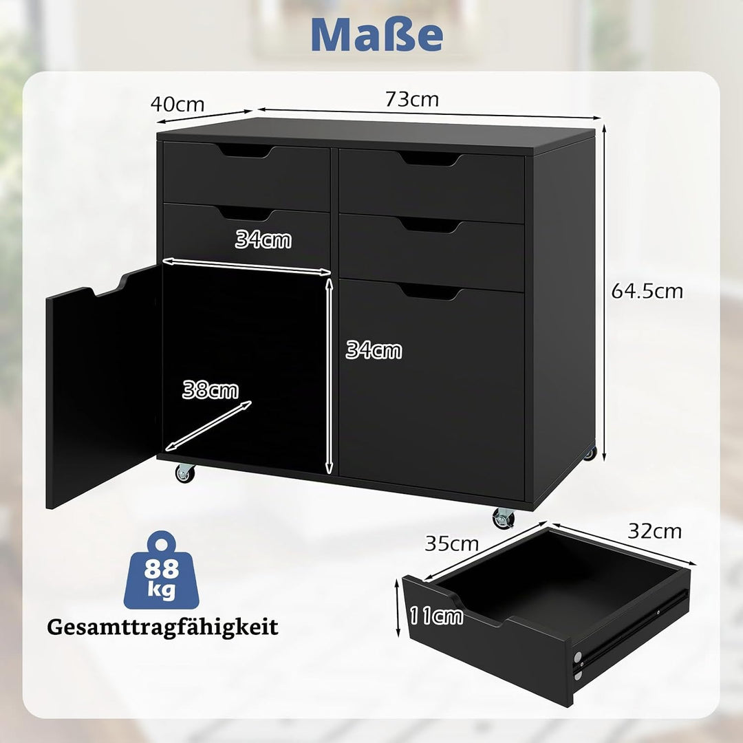 GIANTEX Rollcontainer mit 4 Schubladen &amp; 2 Schränke, Aktenschrank mit Rollen, Schubladenschrank Holz